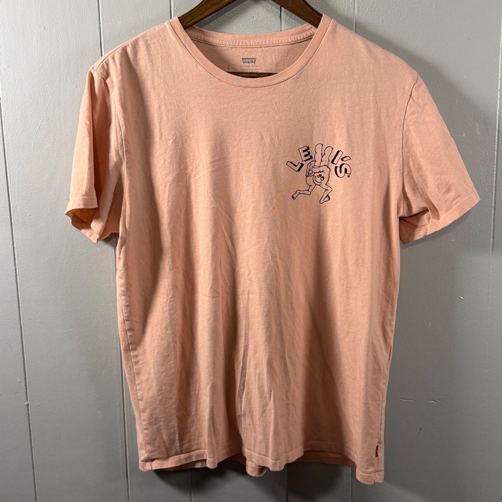 Rare Levis Mens Peach Graphic T-Shirt Peace Sign Character OUT Large Print Back
